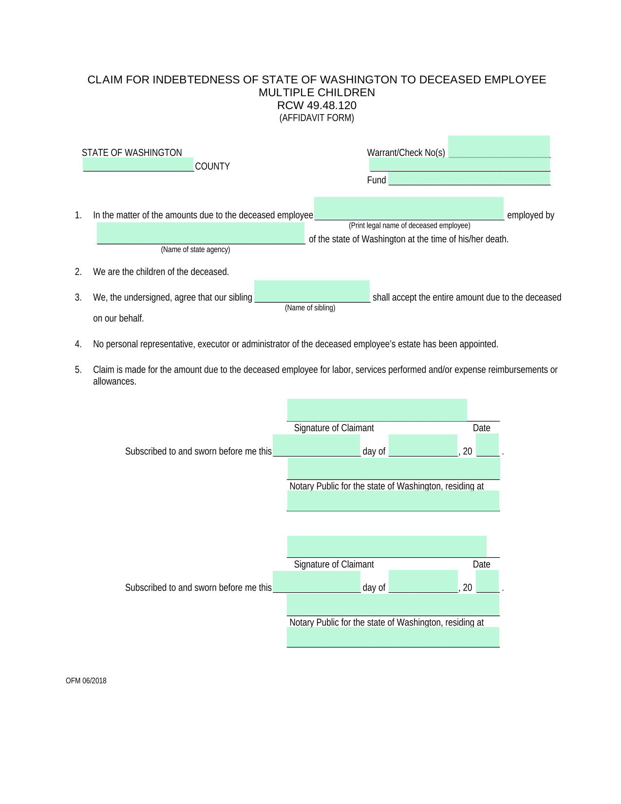 CLAIM FOR INDEBTEDNESS OF STATE OF WASHINGTON TO DECEASED EMPLOYEE MULTIPLE CHILDREN