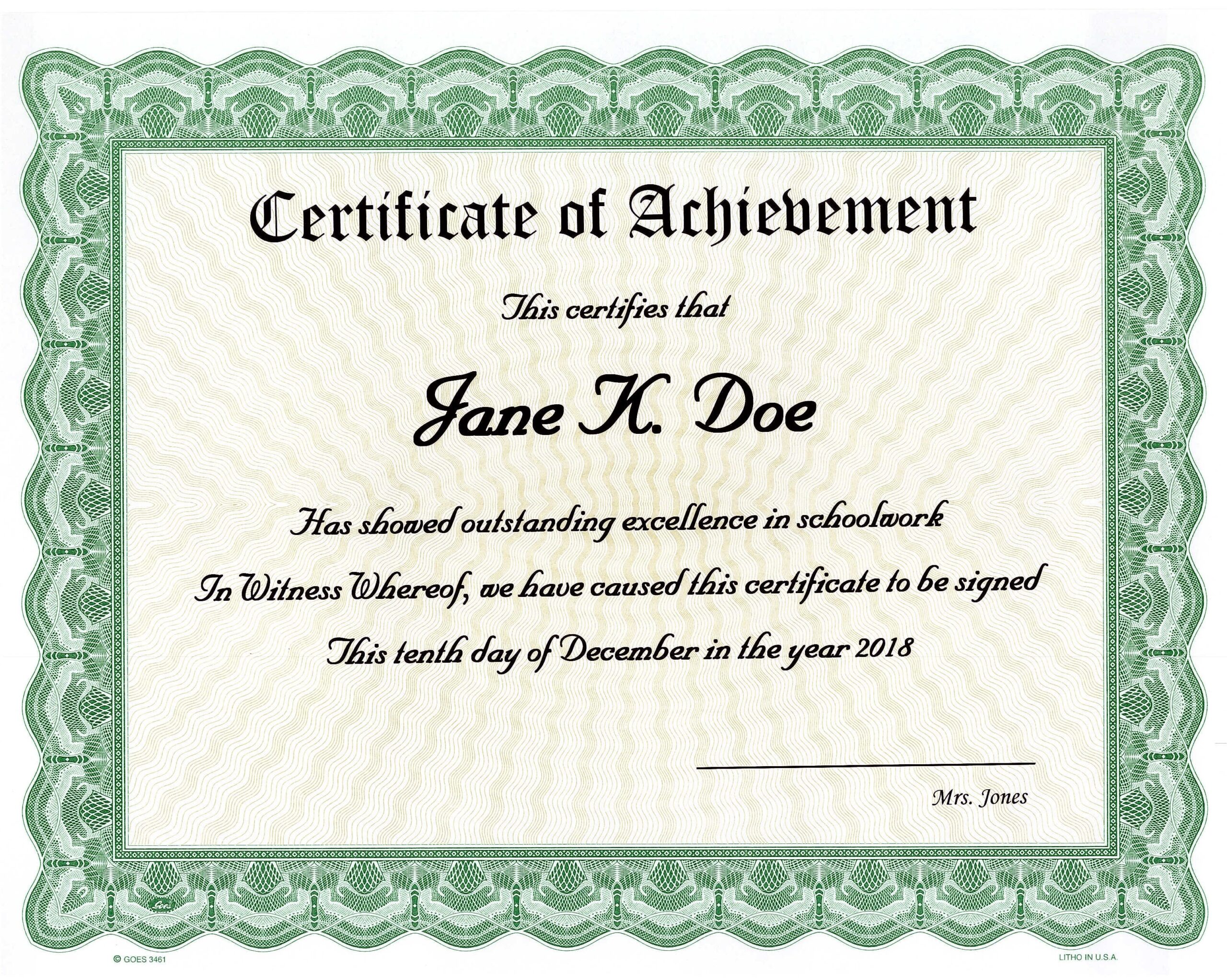 Custom Achievement Certificate Award Goes 3461 Green Border