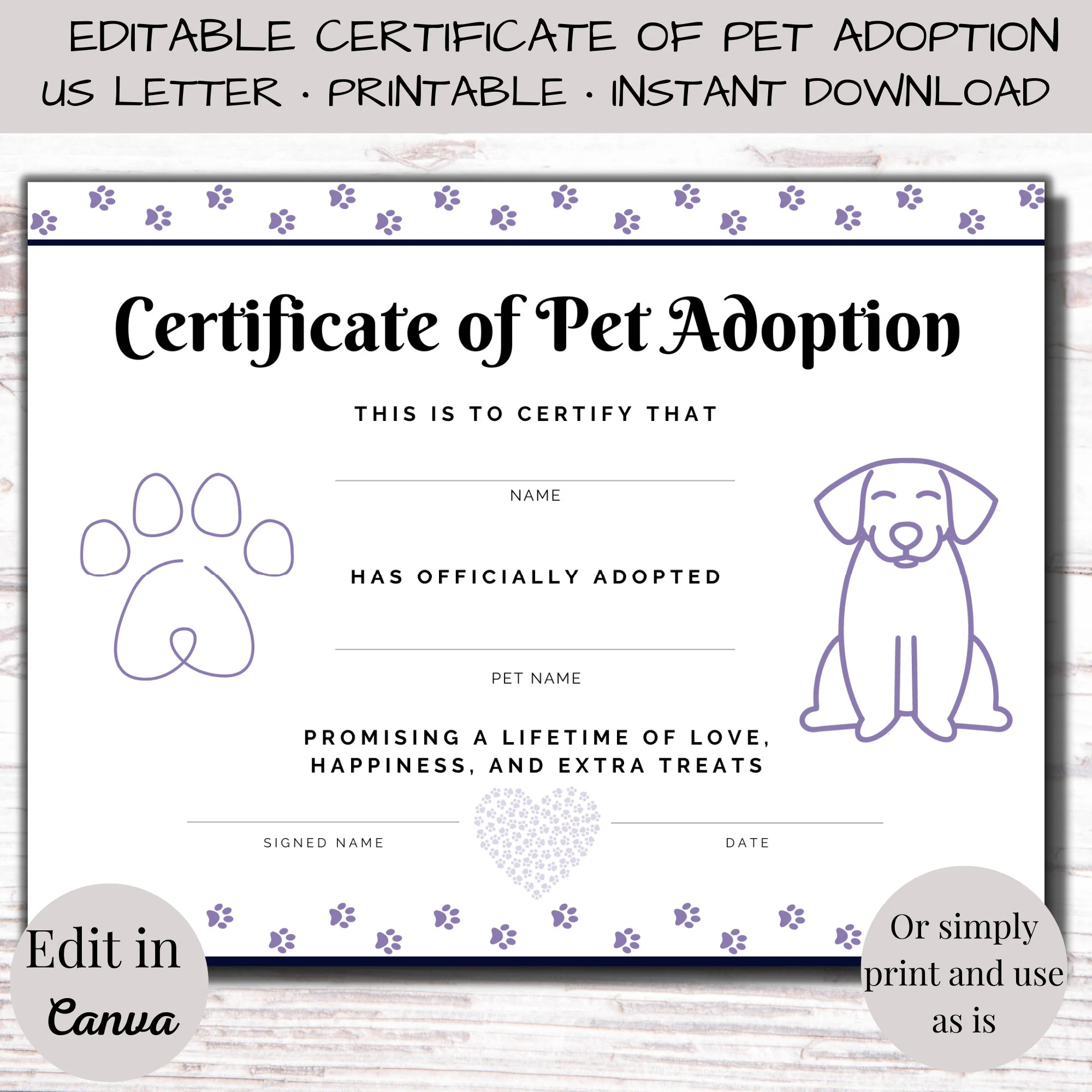 Editable Pet Adoption Certificate Dog Certificate Adoption Sign Pet Adoption Printable Custom Adoption Certificate Etsy