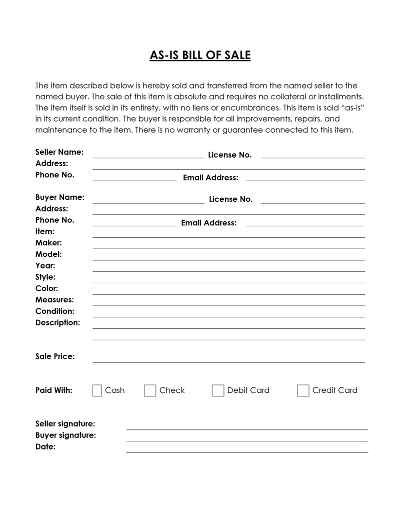 Free As Is no Warranty Bill Of Sale Templates Word PDF