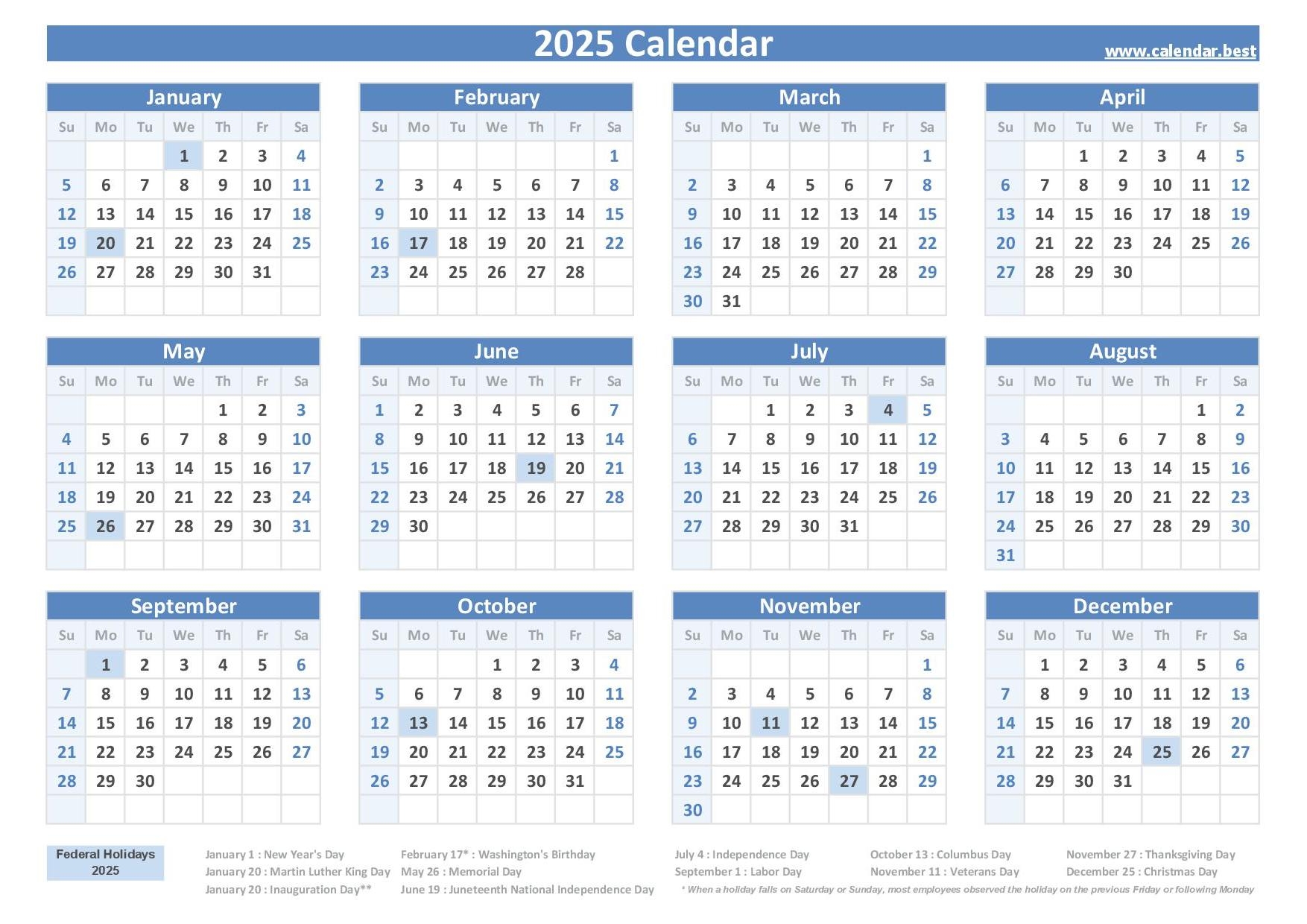 2025 Free Printable Calendar With Holidays