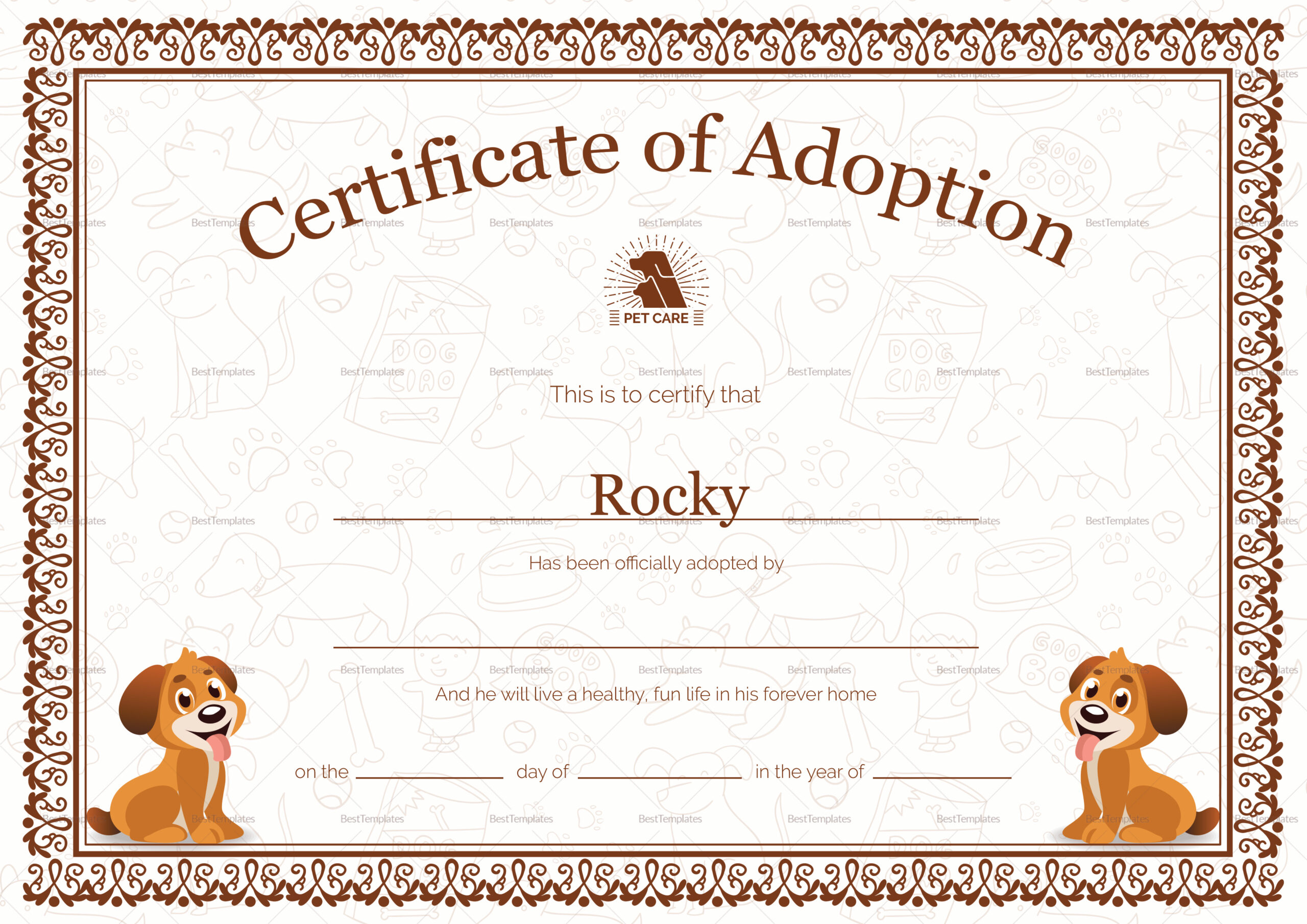 Pet Adoption Certificate Design Template In PSD Word