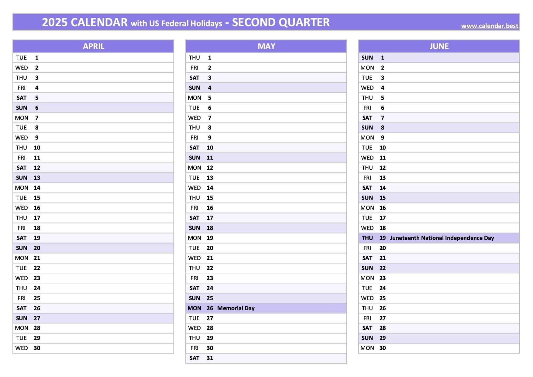 Printable 2nd Quarter 2025 Calendar