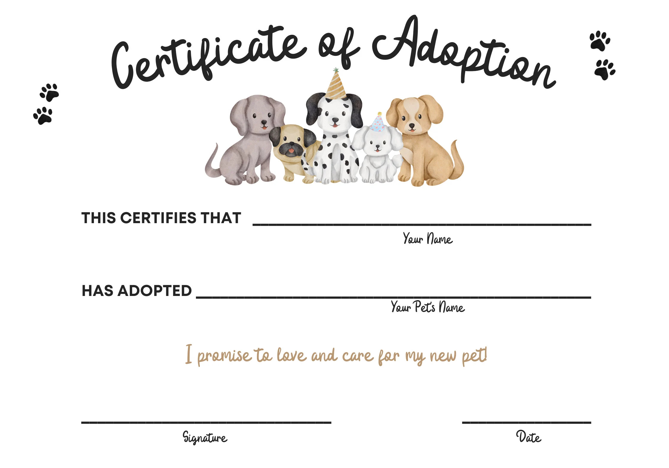 Printable Puppy Adoption Certificate Digital Download Birthday Party Certificate Adopt A Puppy Kids Party Poster Instant Download Etsy
