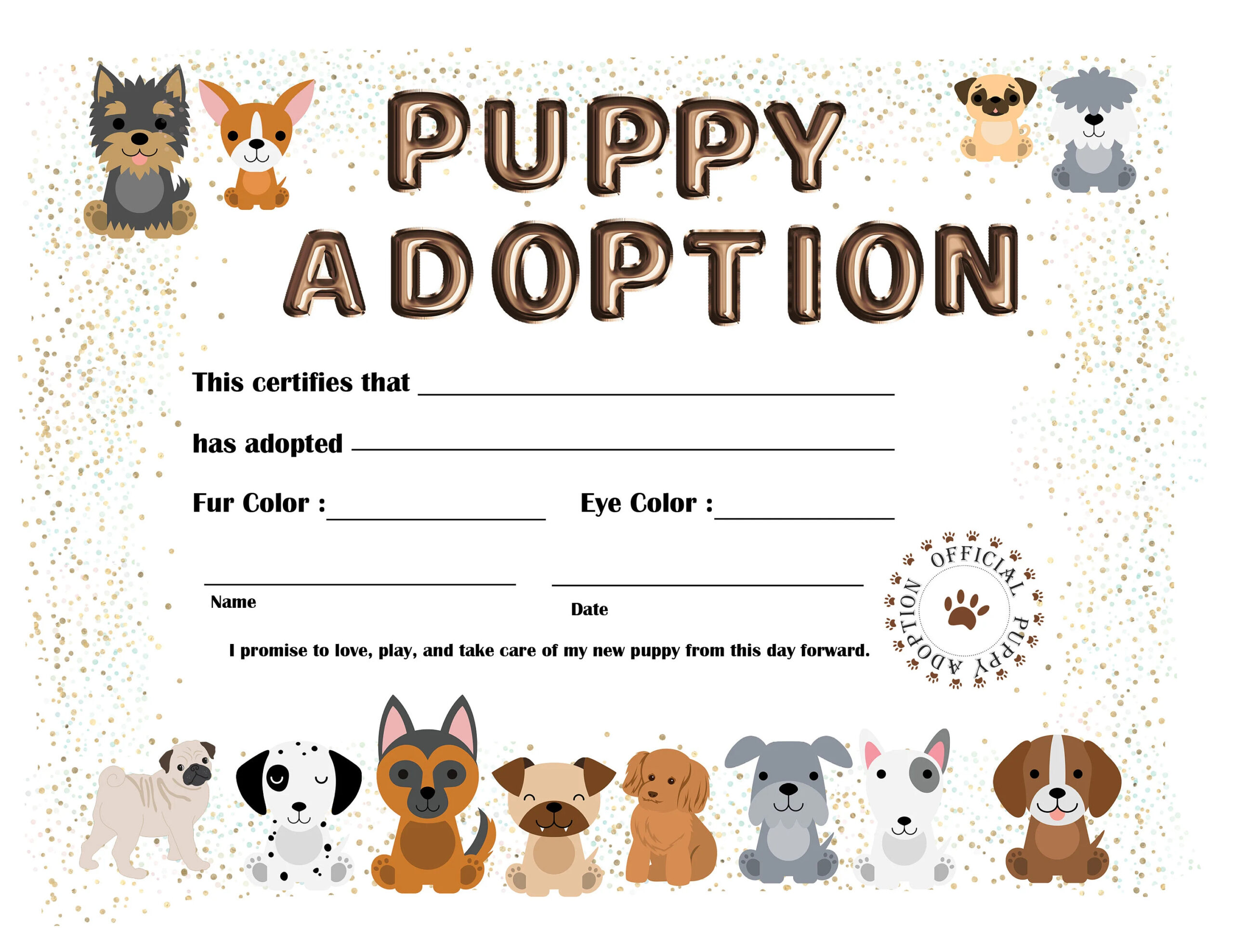 Puppy Adoption Printable Instant Download New Puppy Certificate PDF Etsy
