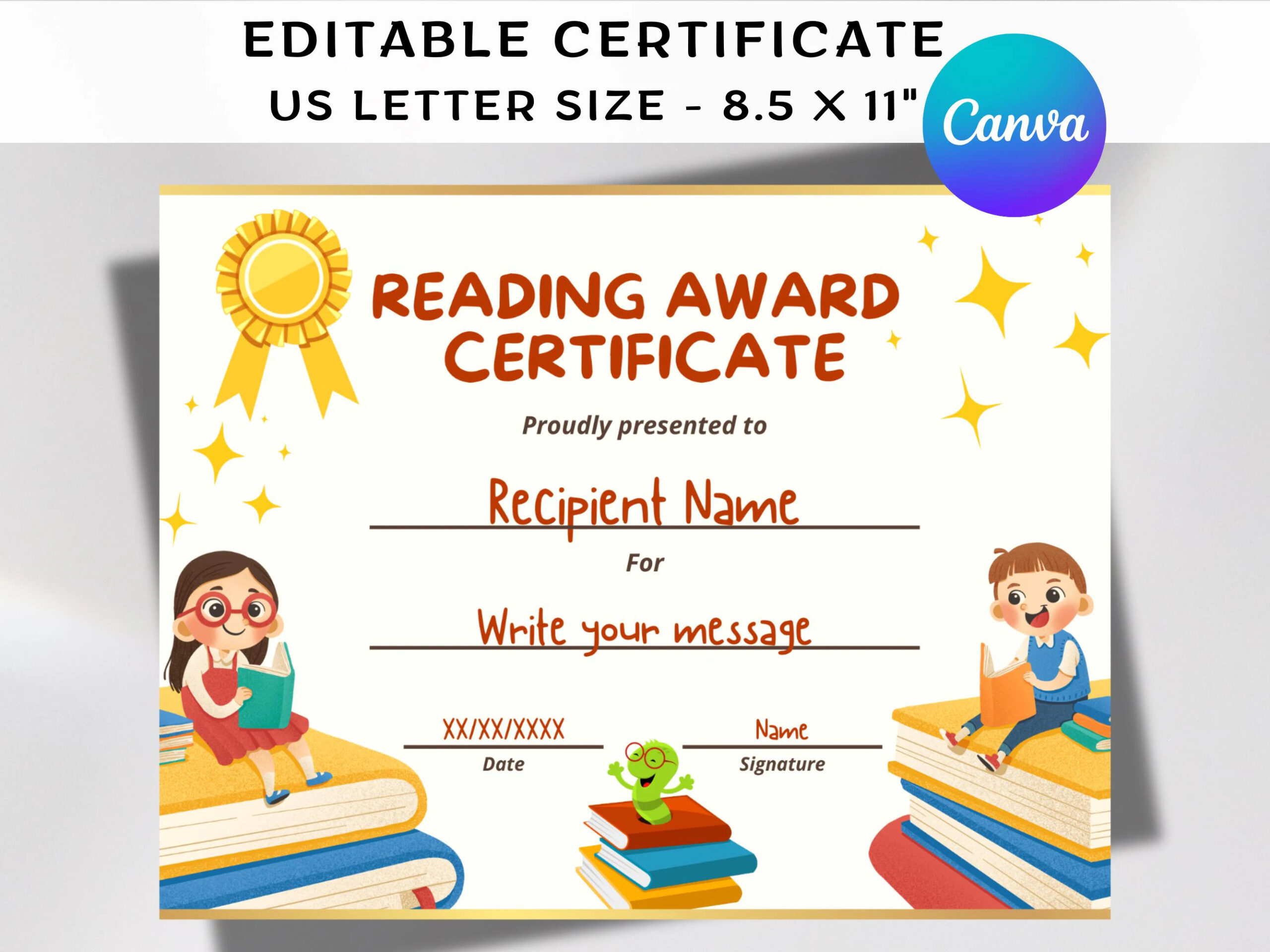 Reading Award Certificate Editable Template Bookworm Recognition Reading Star Achievement Best Reader Kids Homeschool Classroom Award Etsy