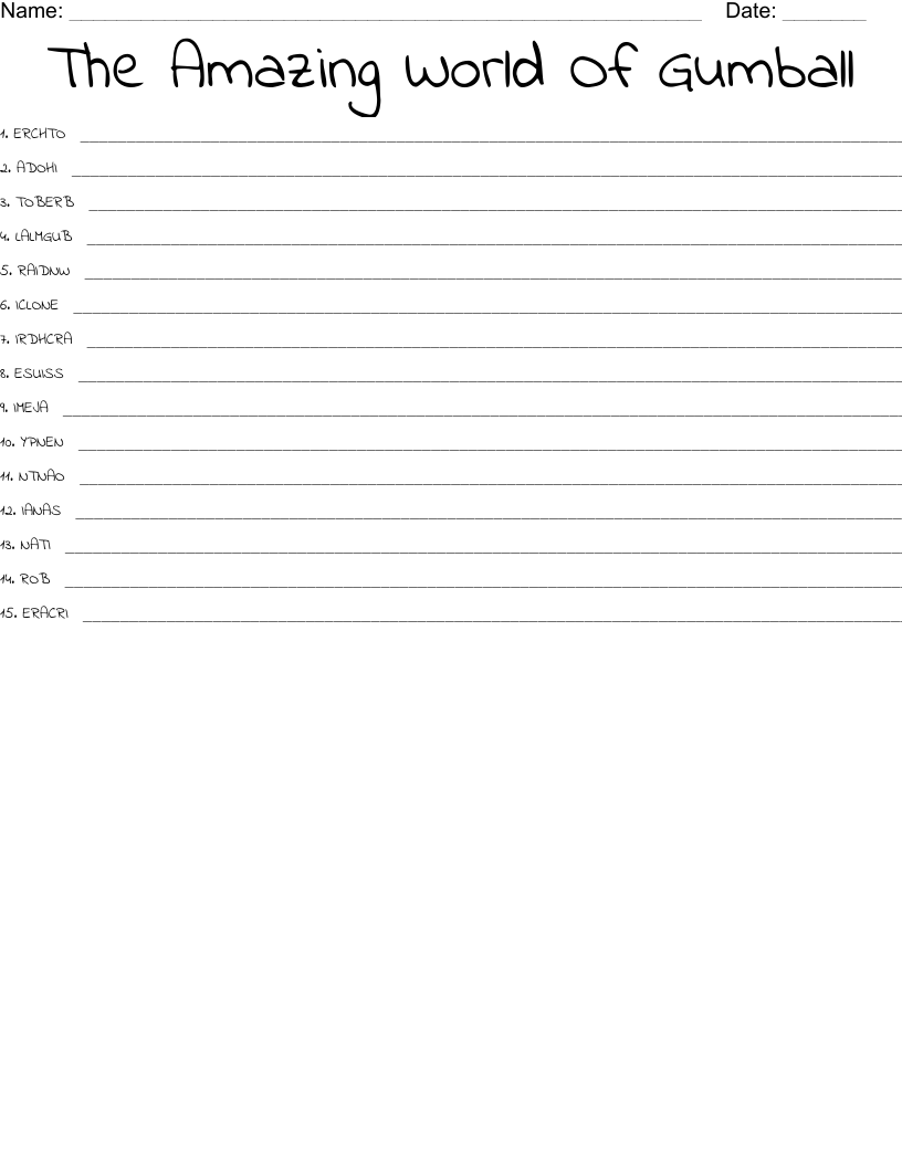 The Amazing World Of Gumball Word Scramble WordMint